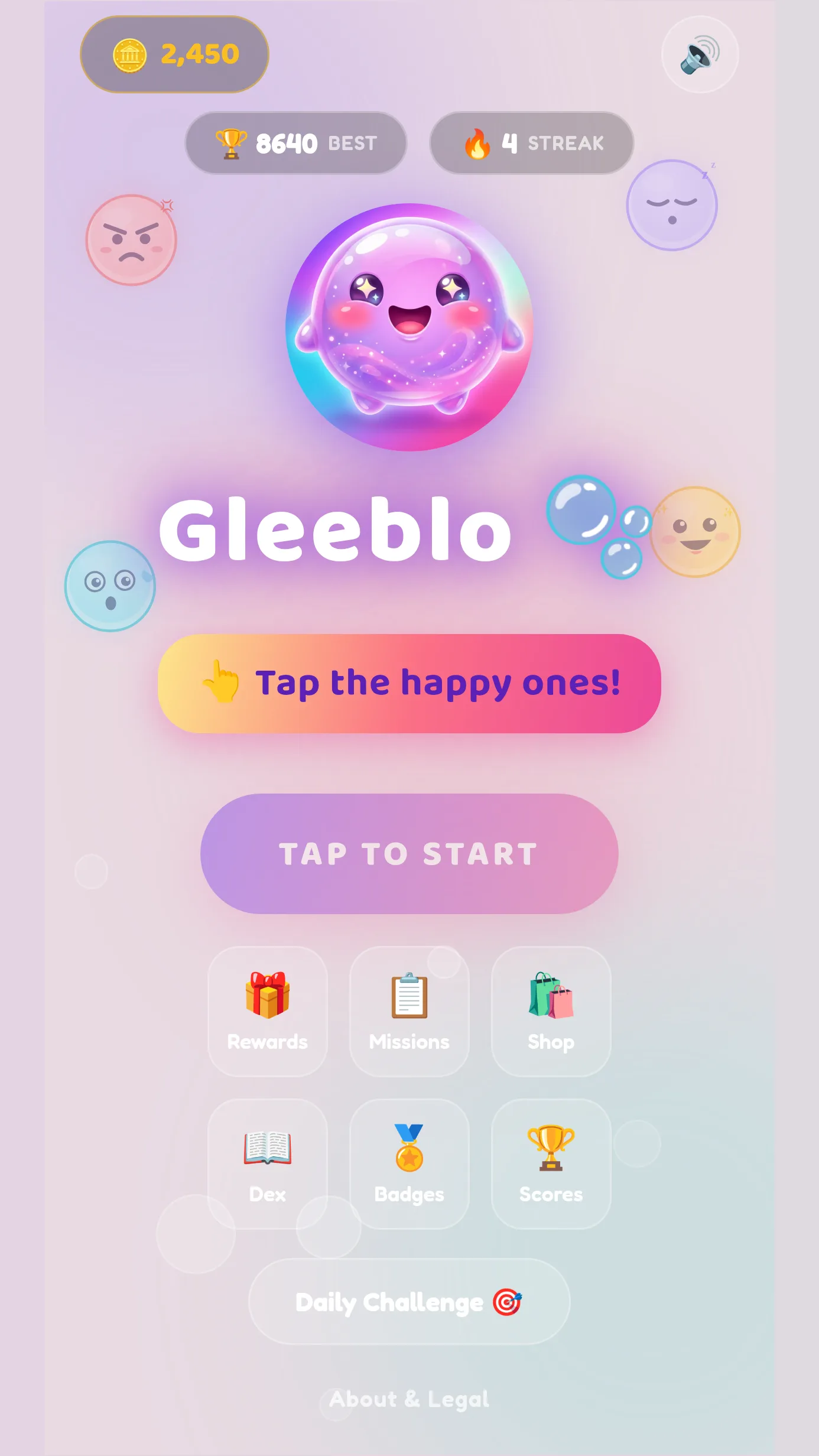 Gleeblo home screen showing cheerful jelly-bubble characters and the play button