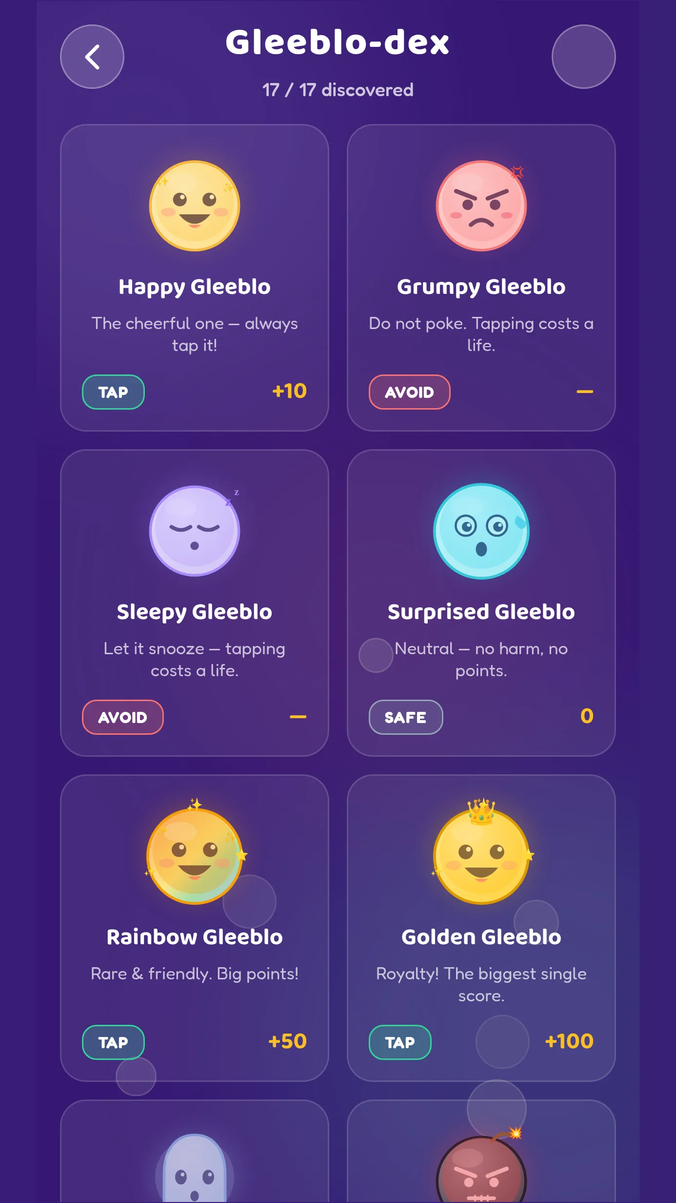 Gleeblo collection screen showing colourful creature entries in the Gleeblo-dex