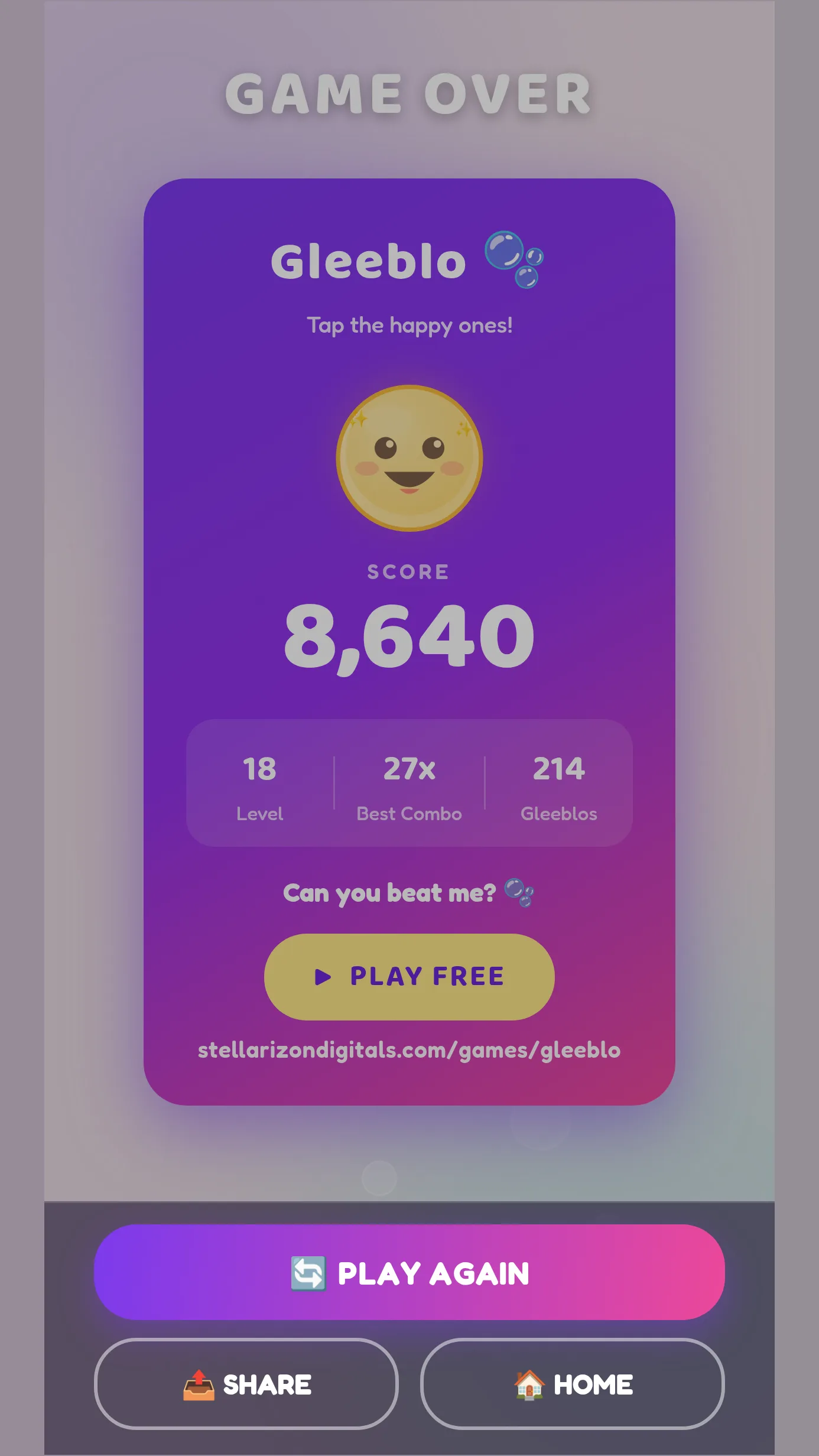 Gleeblo game-over screen showing the score after a colourful arcade run