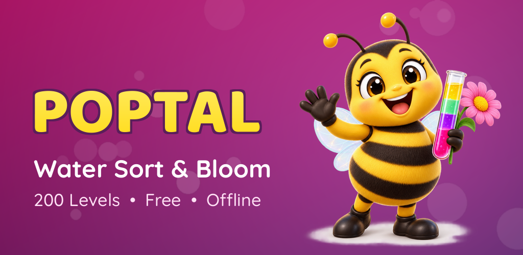 POPTAL: Water Sort and Bloom — Buzztal the Bee holding a colourful water tube beside a flower