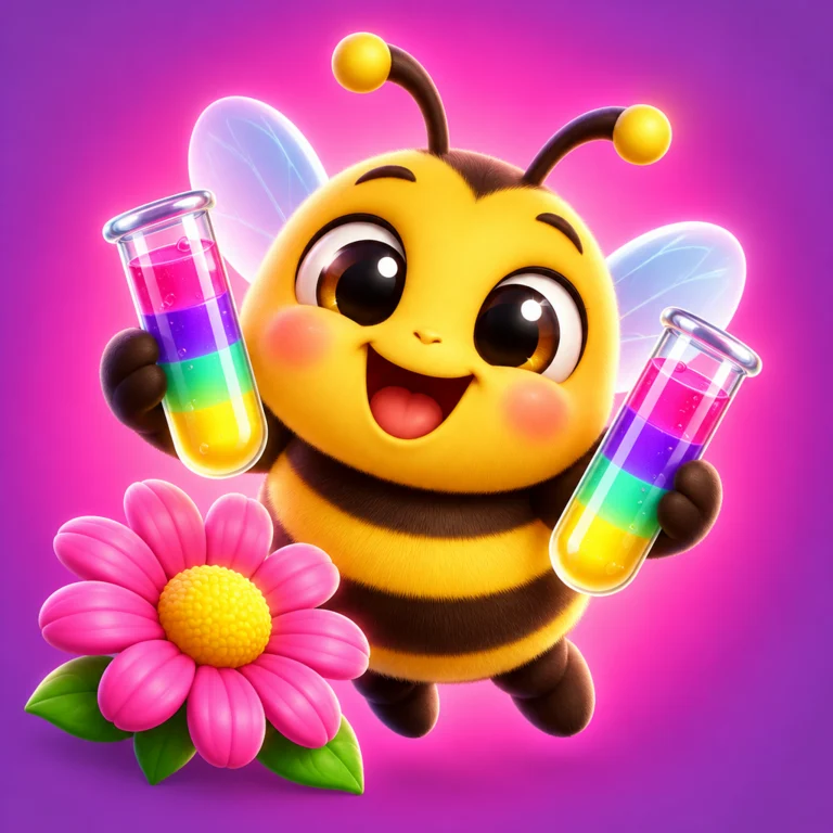 Buzztal the Bee with colourful tubes and a flower